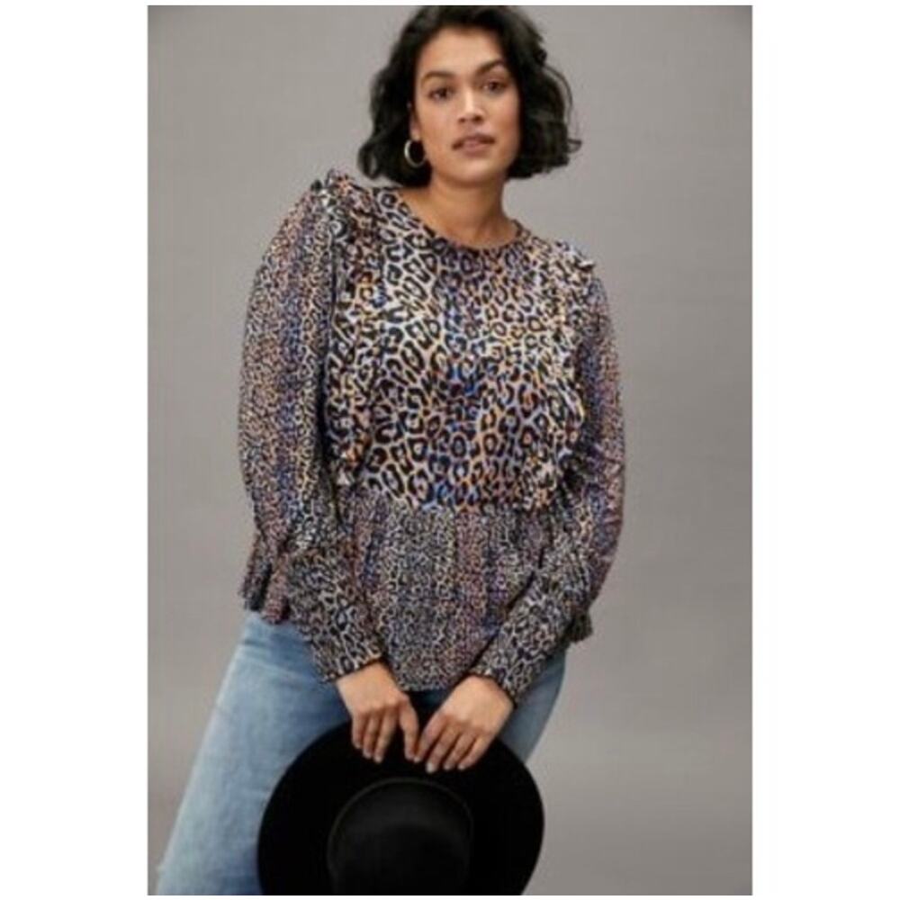 Blank London Animal Print Peplum Style Ruffle Front Moira Blouse XL